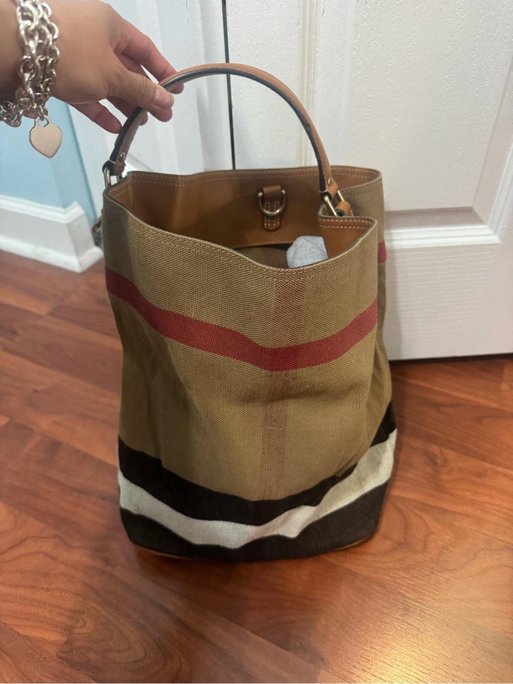 Burberry Bucket Tan Canvas Shoulder Bag with Red and Black Stripes